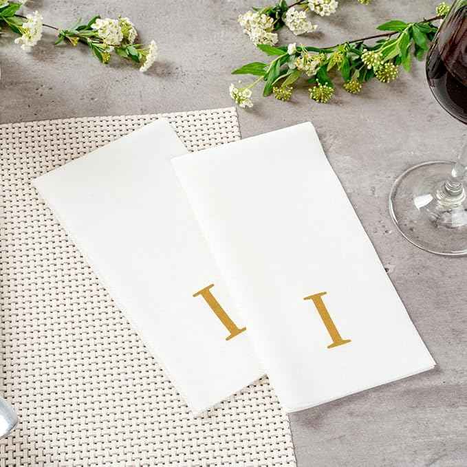Luxenap 15.8 X 7.9 Inch Linen-Feel Guest Towels, 2000 Lettered Hand Towels - Gold Letter 'I', Sans Serif Font, White Paper Dinner Napkins, airlaid, For Restrooms And Tables