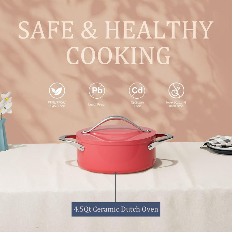 Stock Pot 4.5qt Dutch Oven with Lid (9.5") Nonstick Ceramic Coated Non-Toxic PFAS-Free Even Heat Distribution for Braising, Baking Bread & Soups, Compatible for All Cooktops(Induction/Gas/Electric) Oven Safe to 500ยฐF (Fusion Red)