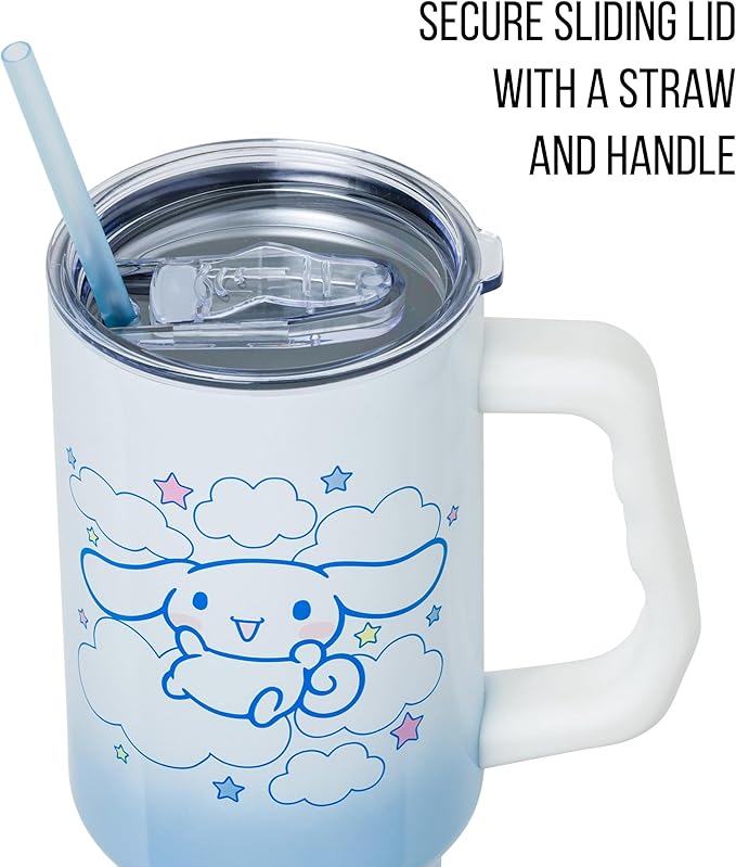 Silver Buffalo Sanrio Hello Kitty and Friends Featuring Cinnamoroll in Stars and Clouds Double Walled Stainless Steel Tumbler with Handle and Straw, Fits in Standard Cup Holder, 40 Ounces