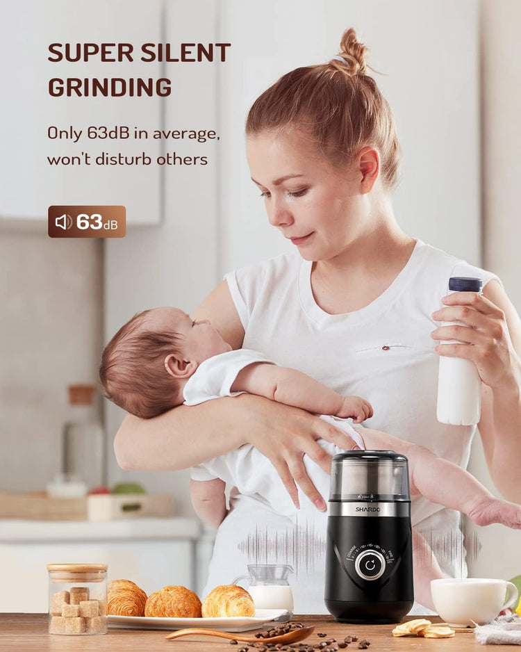 SHARDOR Electric Super Silent Blade Coffee Grinder, Timed Grind Control Rotary Knob, Adjustable Coarse to Fine for Coffee Beans, Spices & Herbs, with 1 Removable Stainless Steel Bowl, Black