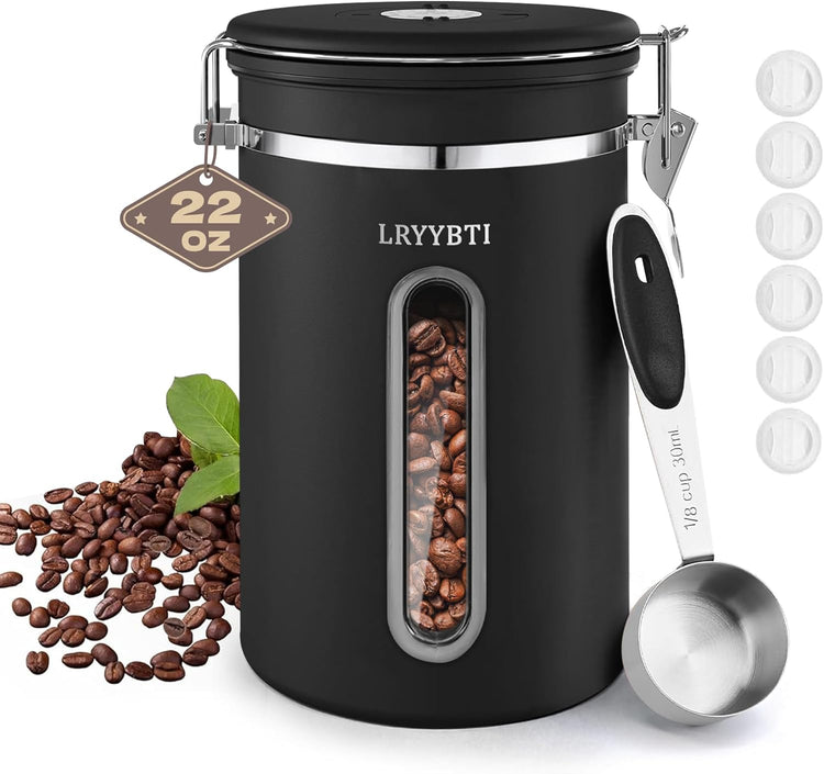 Coffee Canisters with Window,Scoop and Airtight Lid Stainless Steel Kitchen Bean Storage Grounds Container(22OZ/Black)Date Tracker and Scoop for Grounds Coffee Bar Accessories Beans, Cereal, Sugar