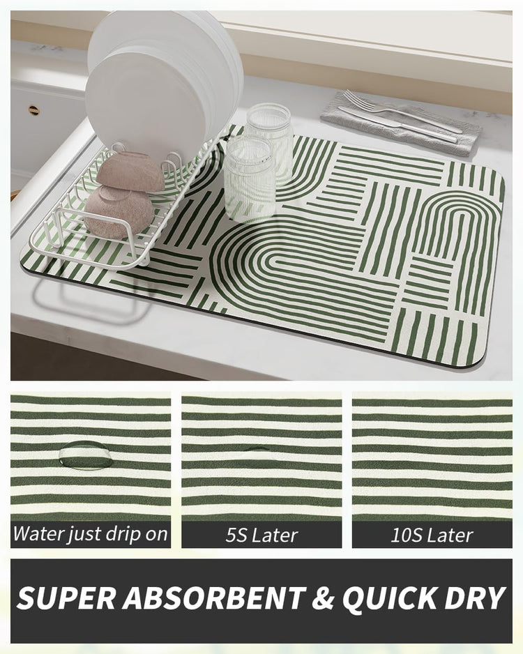 AMOAMI Coffee Mat Hide Stain Rubber Backed Absorbent Dish Drying Mat for Kitchen Counter - Fits Under Coffee Maker or Machine - Green Line 17x31.5