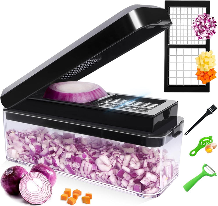 Vegetable Chopper, Onion Chopper Dicer, Mandoline Slicer, Food Chopper with Container, Vegetable Cutter for Salad Potato Carrot Garlic(2 Blades, Black)