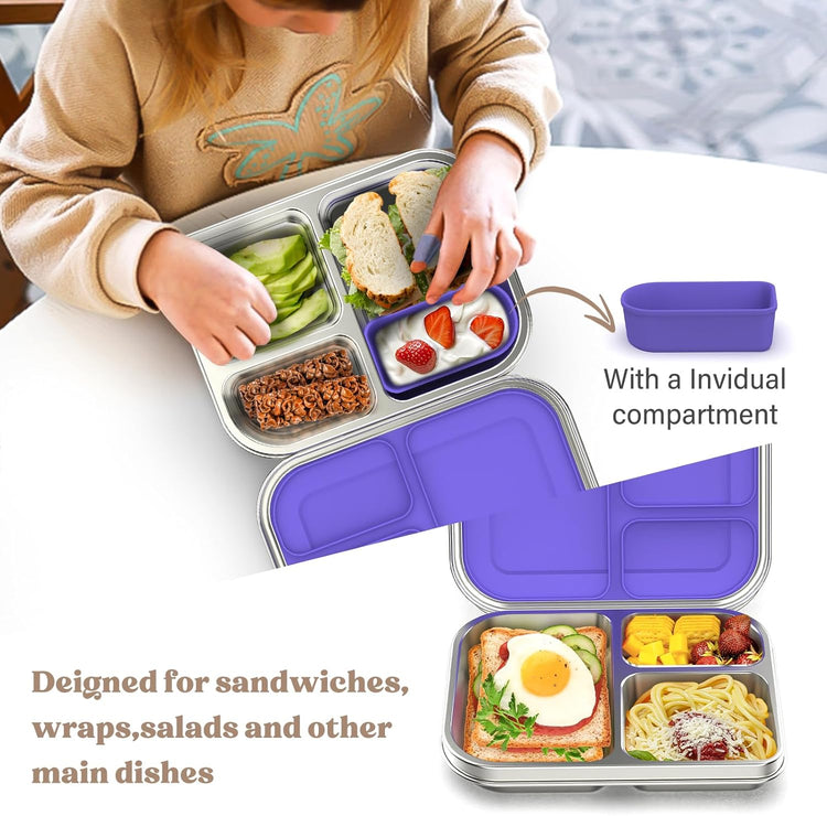 Stainless Steel Bento Box Kids, 3 Compartments Leak Proof Metal Bento Lunch Box, 304 Stainless Steel Bento Lunch Containers for School and Office,Dishwasher Safe, BPA-Free-Purple