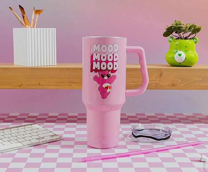 Silver Buffalo Care Bears “Mood” Double Walled Stainless Steel Tumbler with Handle Featuring Love-A-Lot Bear, Fits in Standard Cup Holder, 40 Ounces