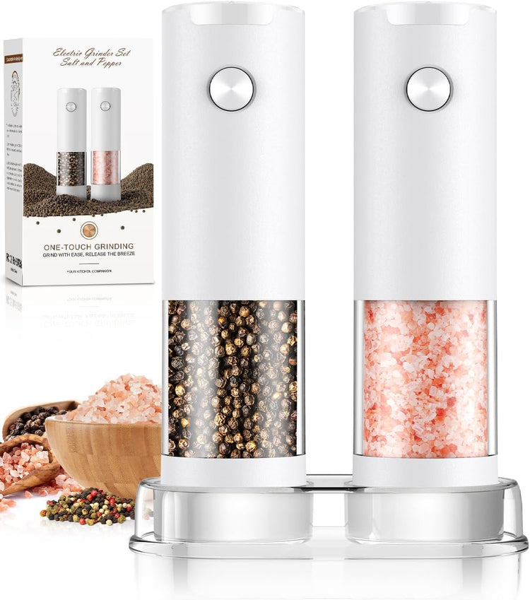 Electric Salt and Pepper Grinder Set Automatic Battery Pepper Mill Shakers Adjustable Coarseness Easy Filling Upgraded Larger Capacity with Led (2 Pack White/White)