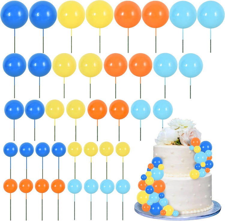 BEISHIDA 40 Pcs Foam Ball Cake Toppers with Sticks Mini Cake Decorations for Birthdays, Weddings, Baby Showers, DIY Baking Supplies, Anniversary Party (Blue,Orange,Yellow)