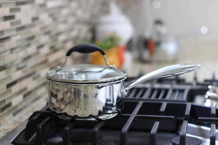 Tri Ply Stainless Steel Saucepan with Glass Strainer Lid