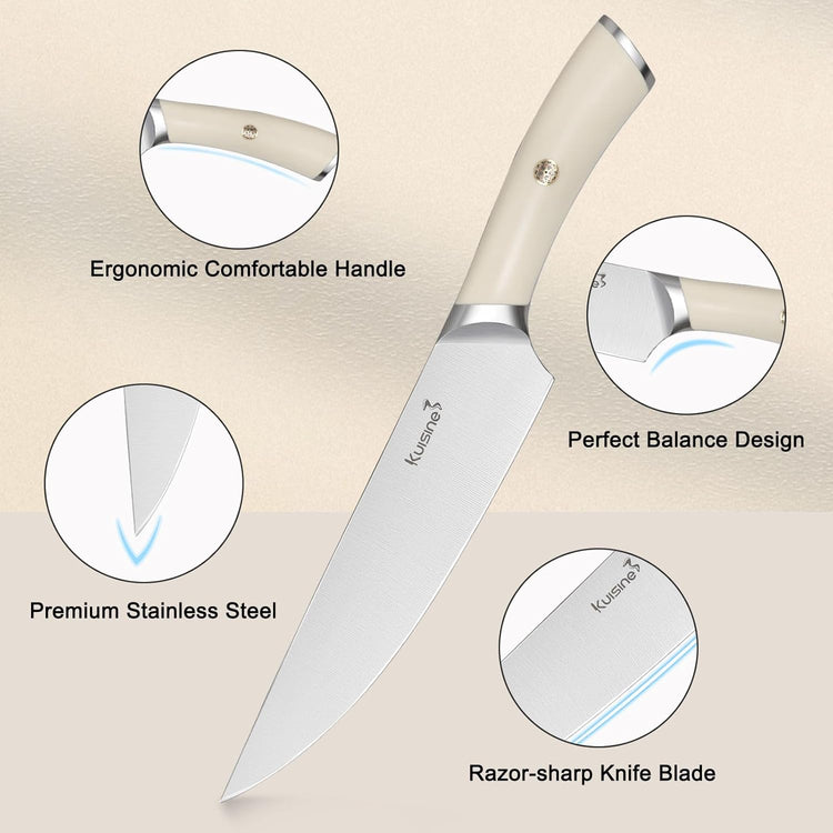 Kuisine Chef Knife Set,High Carbon Stainless Steel Block Knife Set,Knife Block Set with Built-in Sharpener,Sharp Knife Set Forged,Elegant Gift(Ivory,15pcs)