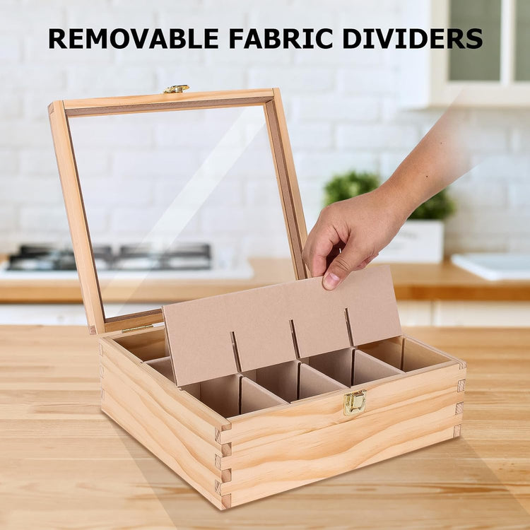 LI.TOPWP Pine Wood Tea Bag Organizer, 12 Compartments Tea Storage Box with Clear Acrylic Window, Multi-Functional Tea Bag Holder for Countertop, Kitchen Cabinet.
