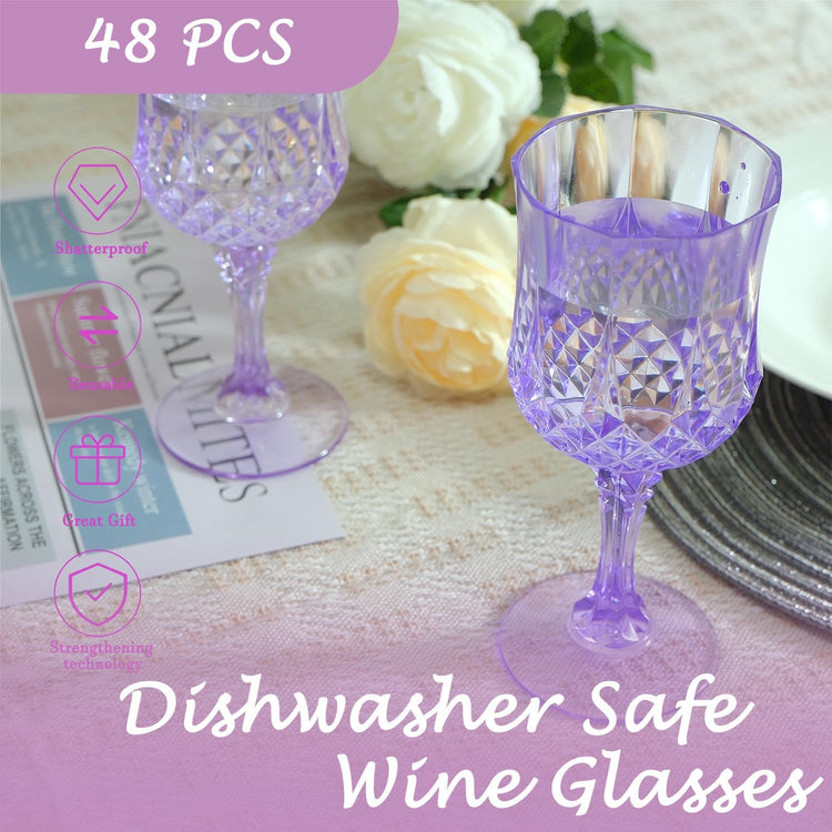 Plastic Wine Glasses,Plastic Goblets Vintage Style Cordial Drinking Glasses for Wedding Reception, Grand Event Party Supplies (48, Purple)