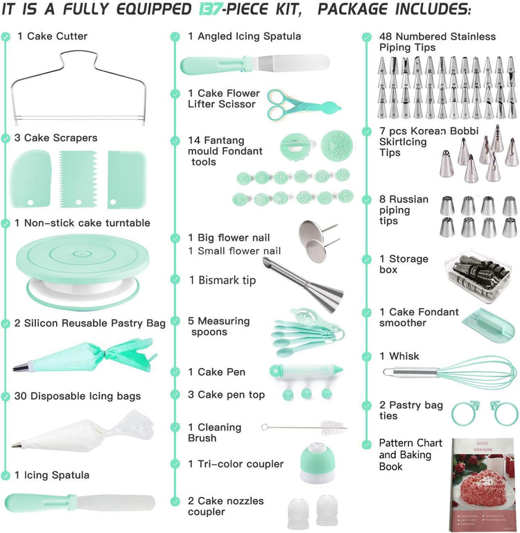 Cake Decorating Kit,137pcs Cake Decorating Supplies with Cake Turntable for Decorating,Pastry Piping Bag,Russian Piping Tips Baking Tools, Cake Baking Supplies for Beginners(Green)
