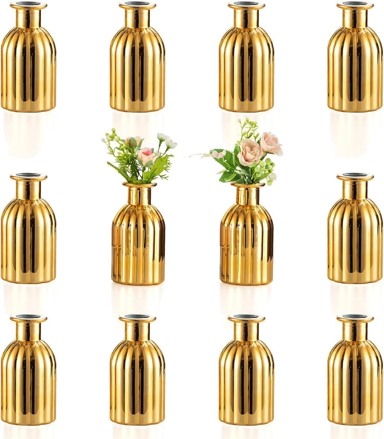 NUPTIO Bud Vases Small Gold: 12 Pcs Glass Vase Set in Bulk for Flowers - Mini Vintage Flower Bottle Single Assorted Vases for Wedding Table Centerpieces