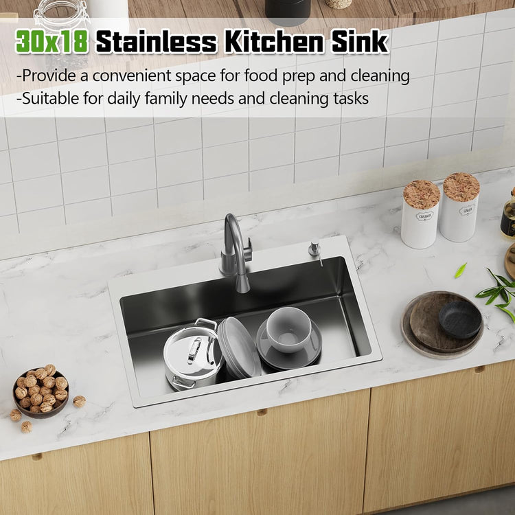 30x18 In Drop Inch Kitchen Sink-Stainless Steel Topmount Modern Single Bowl Kitchen Sink Come With Silicon Mat, Drain Strainer Set Offer Large Basin And Compatibility With Various Kitchen&Bar Style