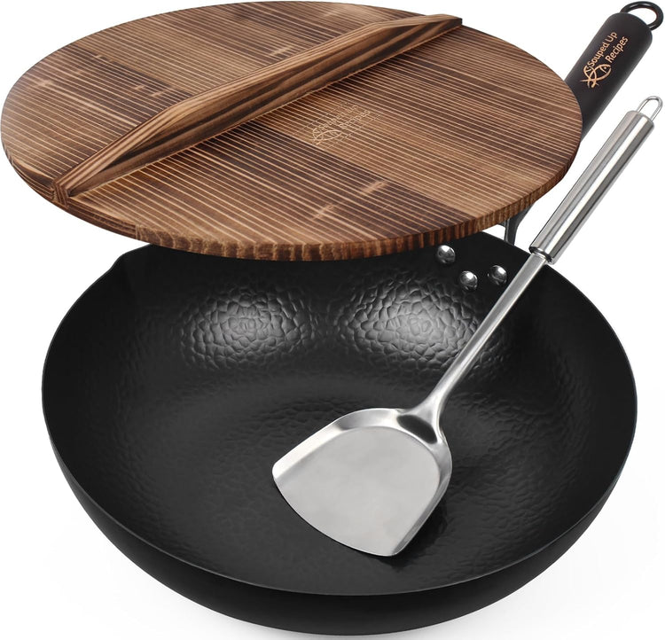 13.4 Inch Carbon Steel Wok For Electric, Induction and Gas Stoves (Lid, Spatula and User Guide Video Included)