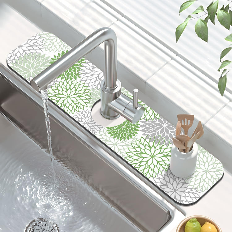 Findosom 2PCS 17" x 32" Dish Drying Mat & 24" x 5.5" Sink Splash Guard, Super Absorbent & Cuttable Dish Mat Drying Kitchen Mat with Green Floral, Hide Stain Drying Mat for Kitchen Counter