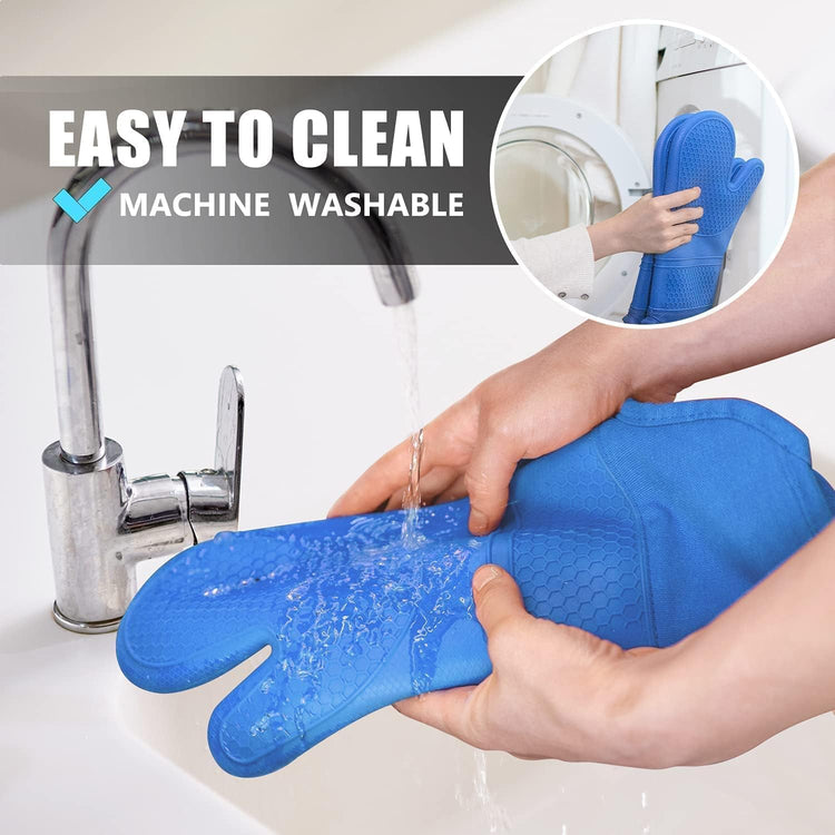 Rorecay Extra Long Oven Mitts and Pot Holders Sets: Heat Resistant Silicone Oven Mittens with Mini Oven Gloves Hot Pads Potholders for Kitchen Baking Cooking, Quilted Liner, Pack of 6 (Lake Blue)