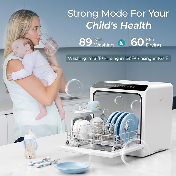 EUHOMY Countertop Dishwasher Portable with 6 Programs, 5L Built-in Water Tank for Apartments & RV, 167โ High-Temp, No Hookup Needed, Mini Dishwasher with Baby Care, Air Dry/Quick/ECO/Fruit/Normal Mode
