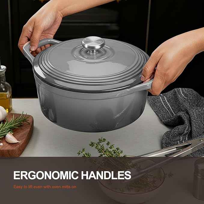 Overmont Refined Enameled Cast Iron Dutch Oven - 5.5QT Pot with Wide Handles Lid Cookbook & Cotton Potholders - Heavy-Duty Pre-Seasoned Cookware Oven Safe to 500ยฐF for Braising, Stews, Roasting, Bread Baking