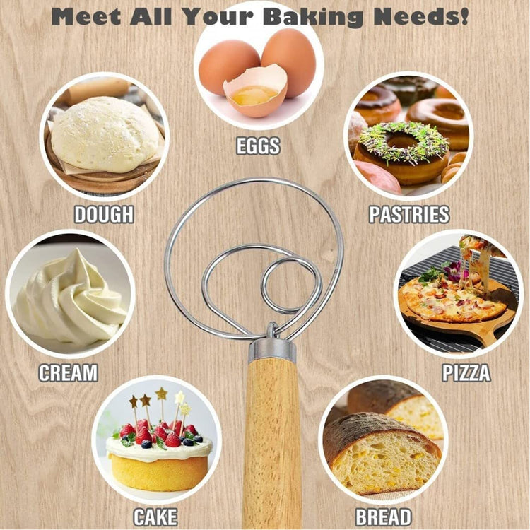 Danish Dough Whisk 13" Stainless Steel Bread Whisk Bread Making Tools Danish Dough Hook Bread Dough Mixer Hand Bread Dough Whisk for Pastry