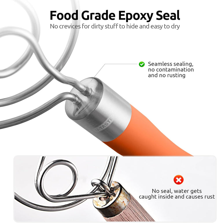 U-Taste 12.6in Danish Dough Whisk: 18/8 Stainless Steel Heavy-Duty Sourdough Mixer Tool, Food Grade Dutch Style Seamless Bread Wisk, Sturdy for Mixing, Stirring, Kneading Thick Batter (Orange)