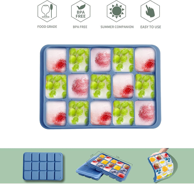 Ice Cube Trays Set of 2, Easy Release 15 Flexible Silicone Ice Cube Molds with Removable Lid Reusable Freezer Ice Trays Stackable for Whiskey, Baby Food, BPA Free (BLUE)