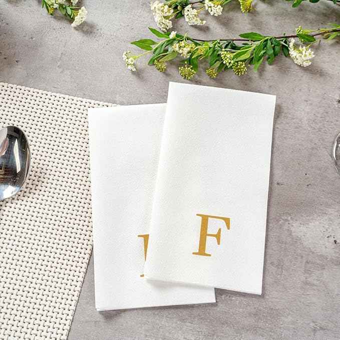 Luxenap 15.8 X 7.9 Inch Linen-Feel Guest Towels, 2000 Lettered Hand Towels - Gold Letter 'F', Sans Serif Font, White Paper Dinner Napkins, airlaid, For Restrooms And Tables - Restaurantware