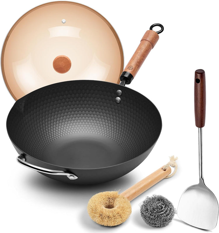 WANGYUANJI 12.6" Wok with Lid, Flat Bottom Nonstick Wok Pan for Induction Cooktop, Stir Fry Woks & Pans for Cooking