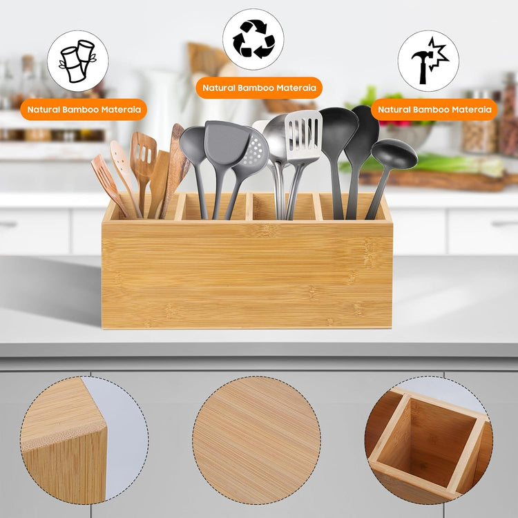 Wingsife Utensils Holder with 4 Compartments, Bamboo Utensil Organizer for Kitchen Countertop, Silverware Caddy Cutlery Holder for Flatware Fork Spoon Spatula, Cooking Utensil (Classic)