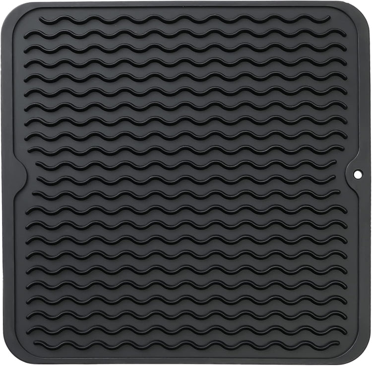 Silicone Dish Drying Mat for Multiple Usage,Easy clean,Eco-friendly,Heat-resistant Silicone Mat for Kitchen Counter or Sink,Refrigerator or Drawer liner Black M 12 inches x 12 inches