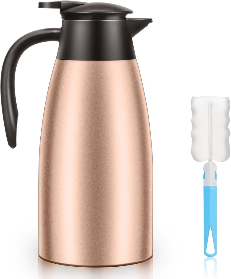 1 PCS 68 OZ Thermal Coffee Carafe, Insulated Stainless Steel Coffee Carafe Double Walled Vacuum Thermal Pot Flask with Brushes Thermos for Keeping Hot Coffee Tea Home and Office (Gold)