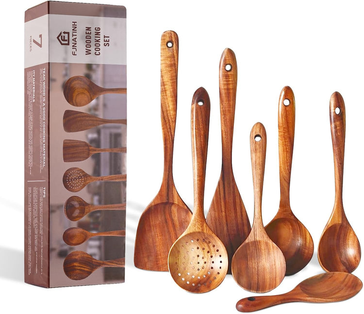 FJNATINH 7-Piece Nonstick Wooden Cooking Utensils Set, Natural and Healthy Kitchen Utensils(7 Pcs)