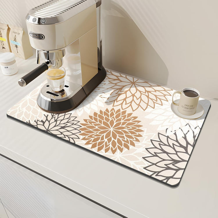 Findosom 2PCS 16" x 24" Dish Drying Mat & 24" x 5.5" Sink Splash Guard, Super Absorbent & Cuttable Dish Mat Drying Kitchen Mat with Brown Floral, Hide Stain Drying Mat for Kitchen Counter