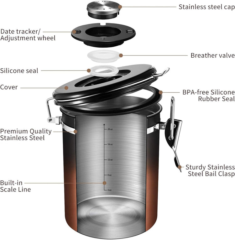 Veken Coffee Canister with Window,Airtight Stainless Steel Kitchen Food Storage Container, Date Tracker & Scoop for Grounds Coffee, Beans, Tea,Flour,Cereal,Sugar,22OZ,Copper