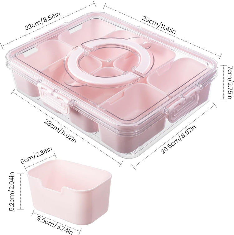 Divided Serving Tray with Lid and Handle - Snackle Box Charcuterie Container for Portable Snack Platters Organizer for Candy, Fruits, Nuts, Snacks - Perfect for Party, Entertaining, Pink