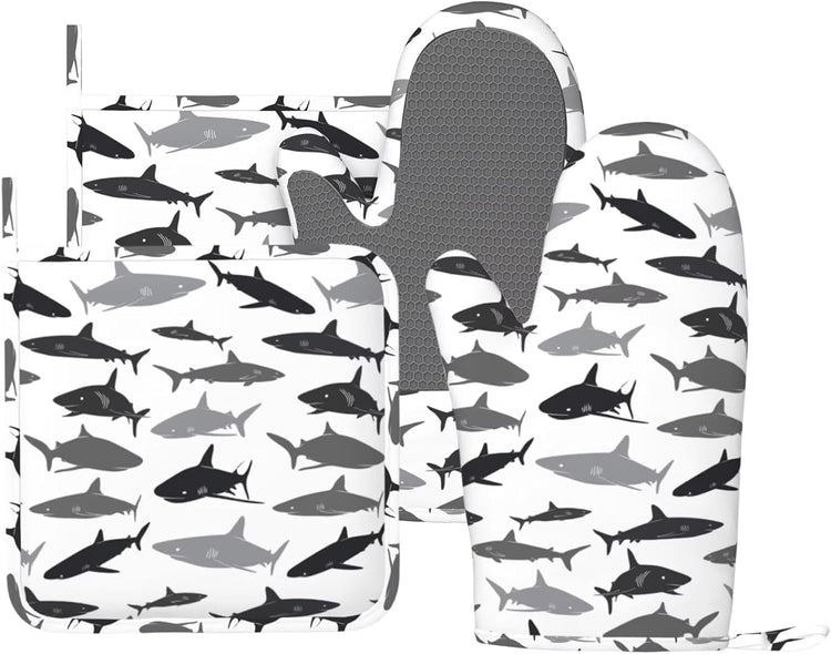 Sharks Oven Mitts and Pot Holders Set of 4 Silicone Sea Animal Kitchen Mitten Gloves and Non-Slip Shark Potholders Set Heat Resistant Oven Gloves Hot Holders for Kitchen
