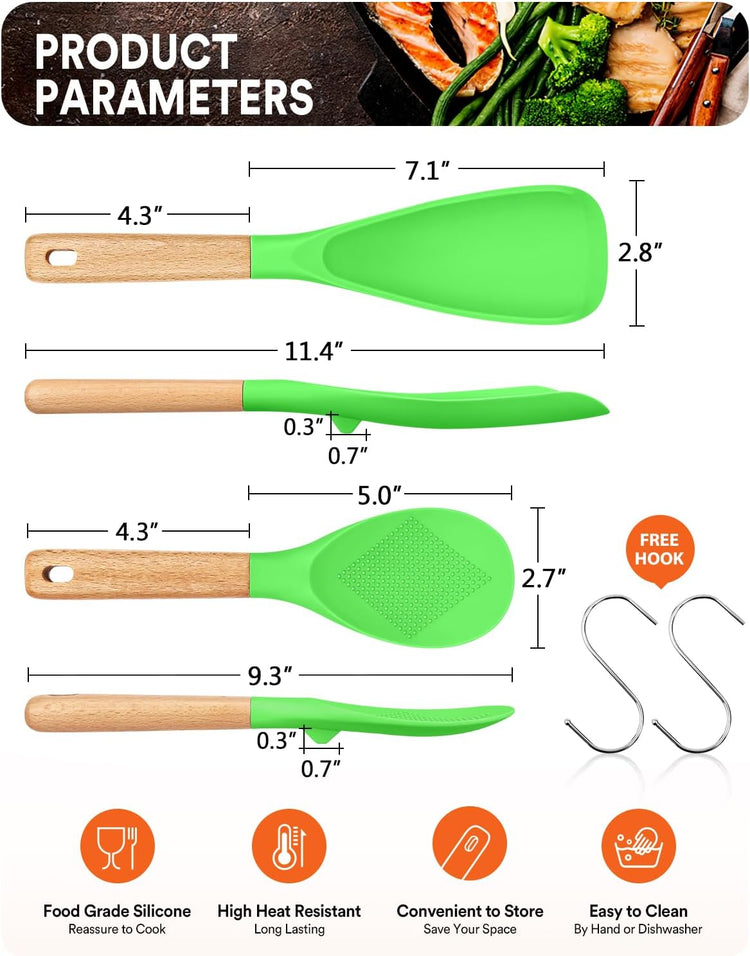 Cooking Spoon and Rice Scooper for Nonstick Cookwares, Great for Cooking and Serving Sturdy BPA-Free Matte Silicone, Wood Handle Spoon for Mixing, Scoop, and Scrape (Apple Green) - Nestoria