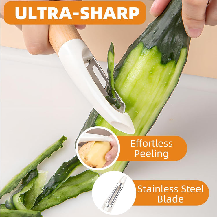 Trez Treamer 4 Pack Vegetable Peelers for Kitchen, Super Sharp Wooden Potato Peeler Set for Apple Cucumber Carrot Fruit Potatoes Veggie Peeler Bulk with Stainless Steel Blade,Dishwasher Safe