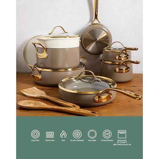 Bloomhouse - Two Time Oprah's Favorite Things Winner - 15 Piece Pots and Pans Heavy Duty Aluminum Premium PFA Free Ceramic Nonstick Dutch Oven Pot with Lid - Cappuccino Cream with Gold Handle