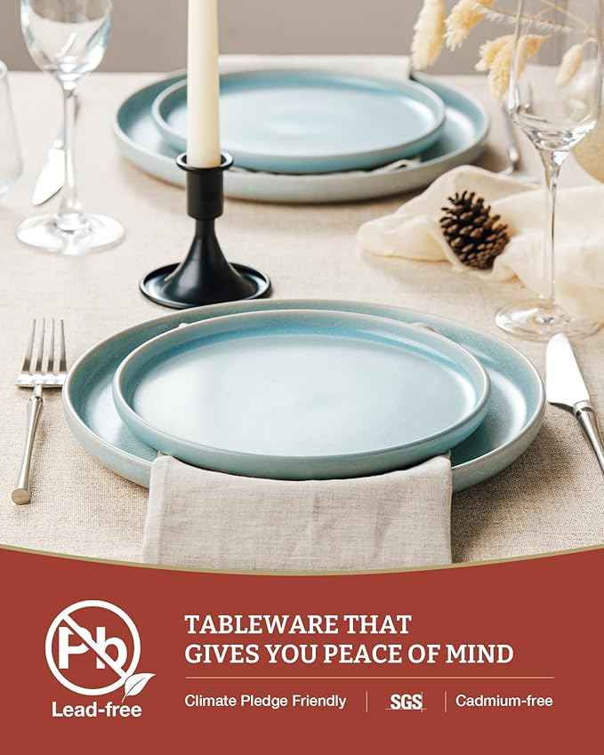Famiware Milkyway Plates and Bowls Sets, 12 Pieces Dinnerware Sets, Reactive Glaze Dish Set, Stoneware Dishes Set for 4, Light Blue