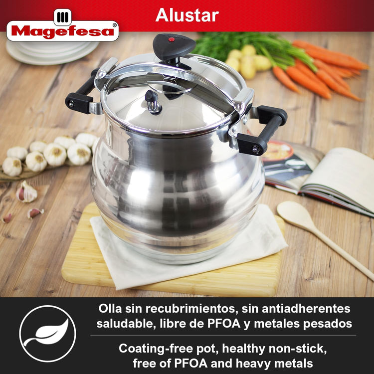 Magefesa Alustar 23.2-Quart Aluminum Pressure Cooker – Extra-Thick Construction, Thermodiffusion Base, 3 Safety Systems, Professional-Grade - Nestoria