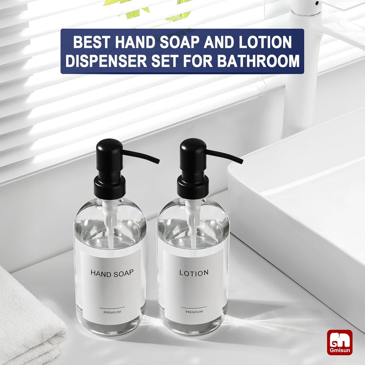 GMISUN Glass Soap Dispenser with Pump, 2 Pack Clear Bathroom Hand Soap Dispenser with Stainless Steel Pump, 16 Oz Refillable Kitchen Hand and Dish Soap Dispensers Set, Modern Liquid Pump Bottles