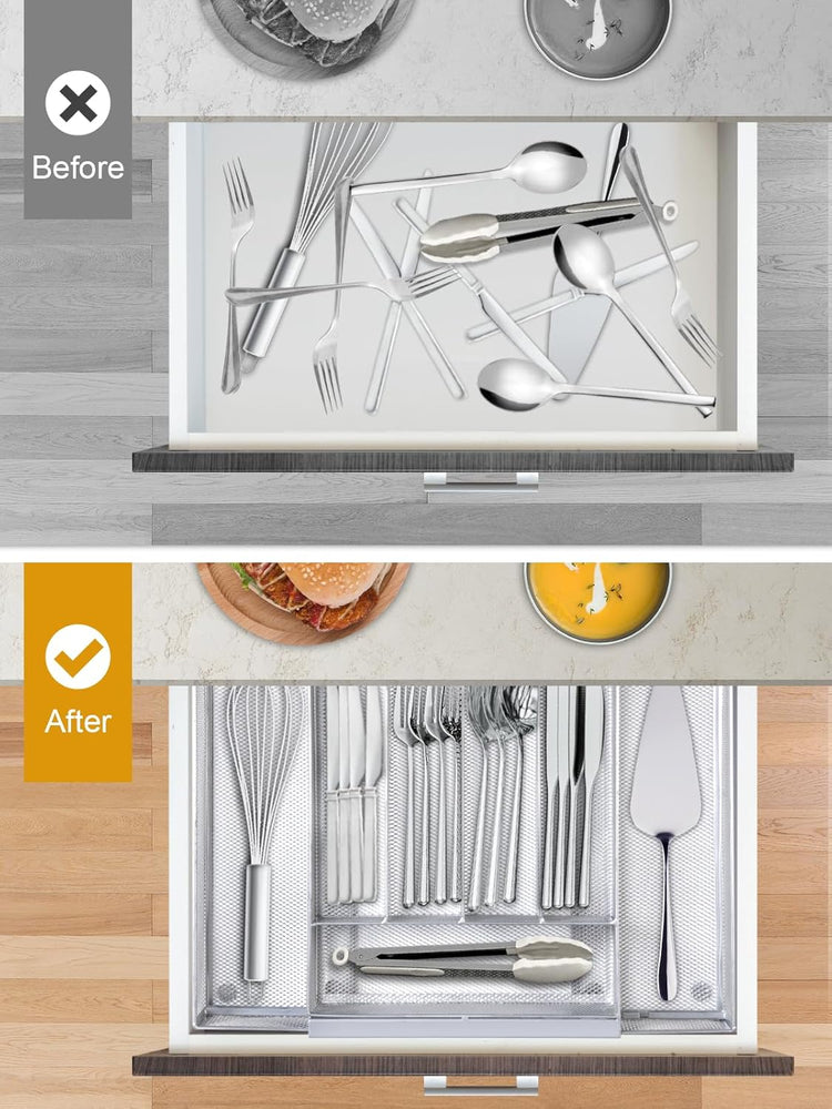 Silverware Organizer Metal Mesh, Drawer Organizer, Utensil Cutlery Tray Expandable Flatware Organizer with 7 Compartment Silver 9.4"~17.3" x 13.7"