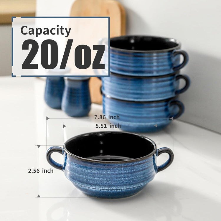 Hasense Soup Bowls with Handles, 20 oz Ceramic French Onion Soup Crocks Set of 4, Stackable Small Serving Bowls for Chili, Stew, Cereal, Microwave Oven and Dishwasher Safe, Blue