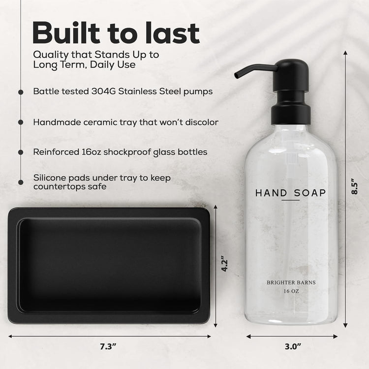 Glass Hand and Dish Soap Dispenser Set by Brighter Barns - Kitchen Soap Dispenser Set with Tray, Stainless Steel Pump - Glass Bottles for Sink - Black Kitchen Accessories for Home, Hotel, Gift (Clear)