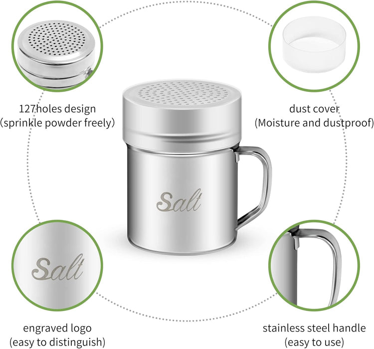 Stainless Steel Salt and Pepper Shakers Set, 10 OZ Seasoning Spice Shaker with Lid and Handle 127 Holes, Metal Dredge Shaker for Powder Sugar Cooking Kitchen Baking (2 Pieces)