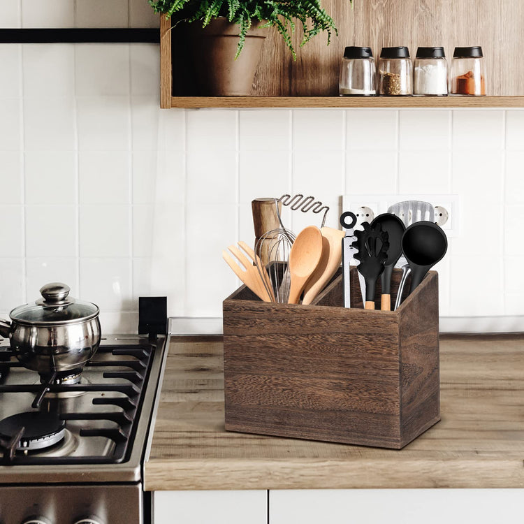 Wooden Kitchen Utensil Caddy With 2 Compartments
