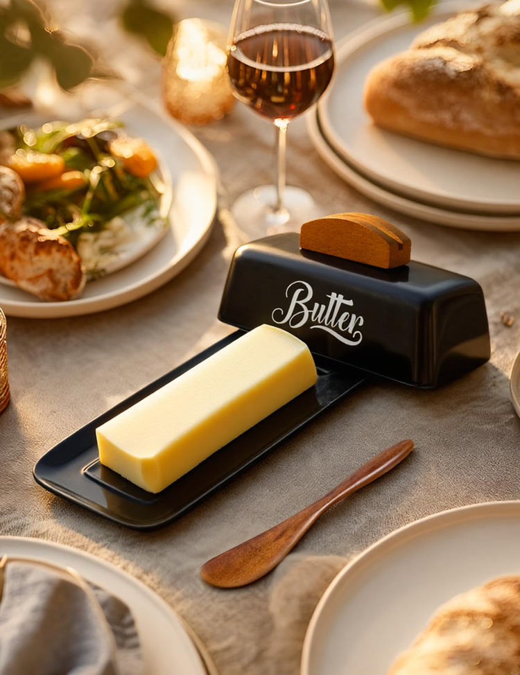 Black Butter Dish with Lid and Knife