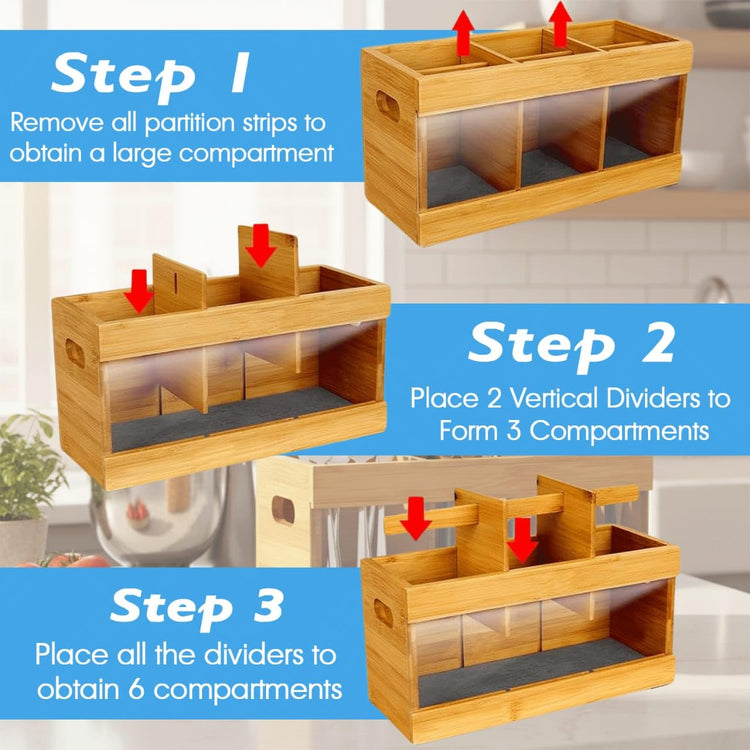 Wooden Utensil Holder Organizer with 6 Compartments