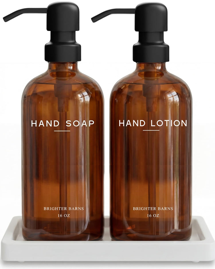 Amber Glass Soap and Lotion Dispenser Set with Tray by Brighter Barns